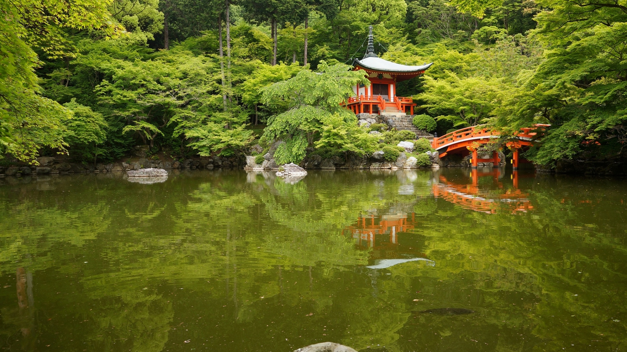 醍醐寺の優美な弁天堂と綺麗な新緑