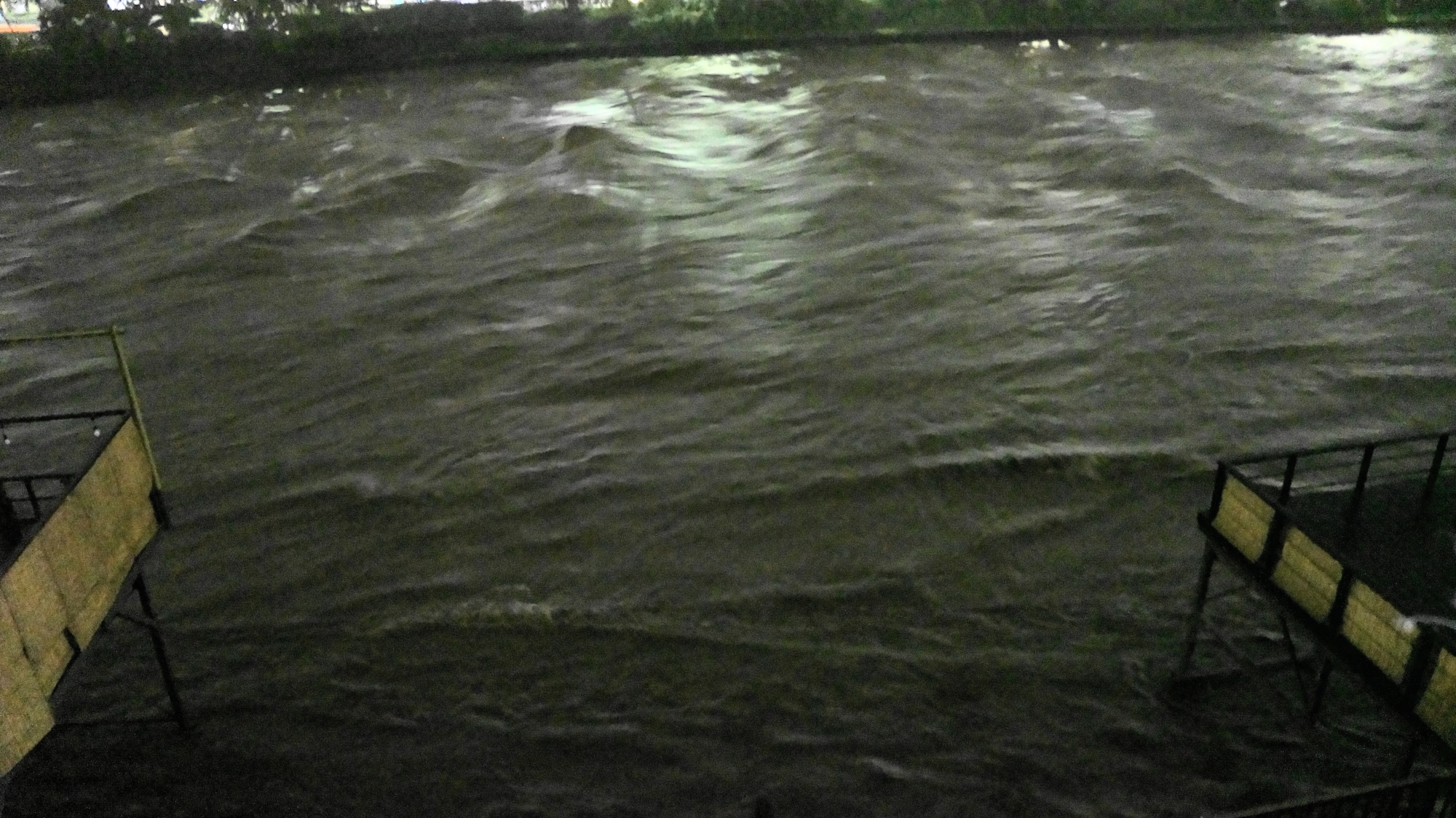 今にも氾濫しそうな位に水が溢れる鴨川
