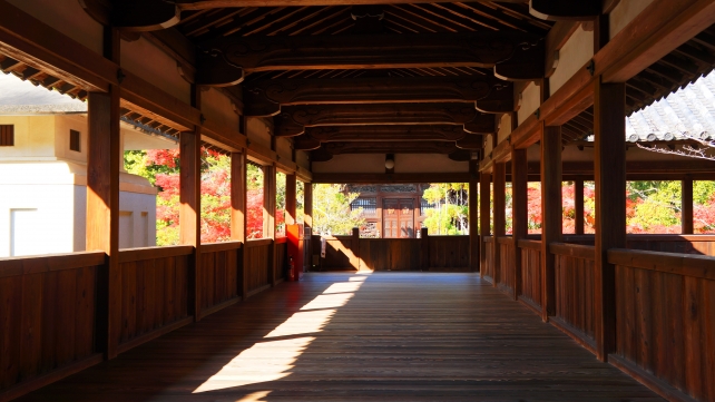 清涼寺の本堂裏の回廊と紅葉