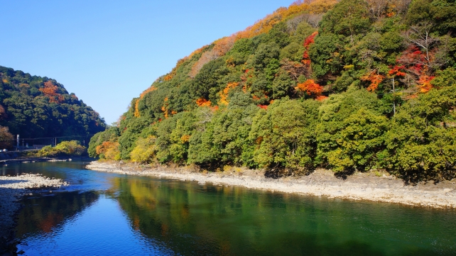 宇治川ラインの紅葉と水鏡