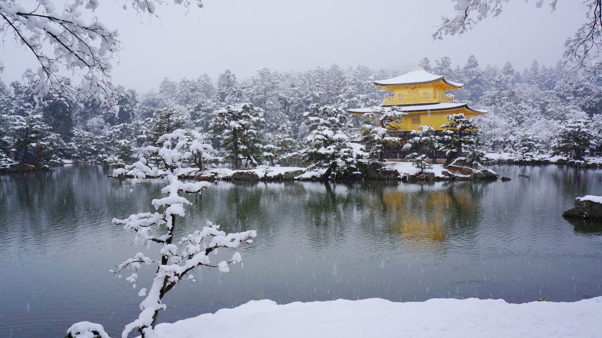 雪につつまれた金閣寺の舎利殿