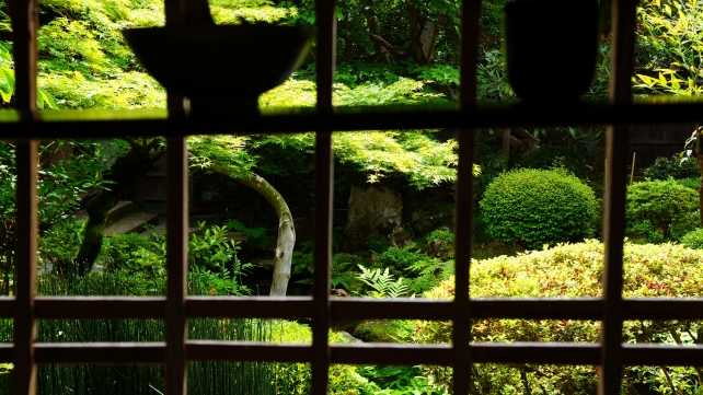 客殿から眺めた大原宝泉院の鶴亀庭園