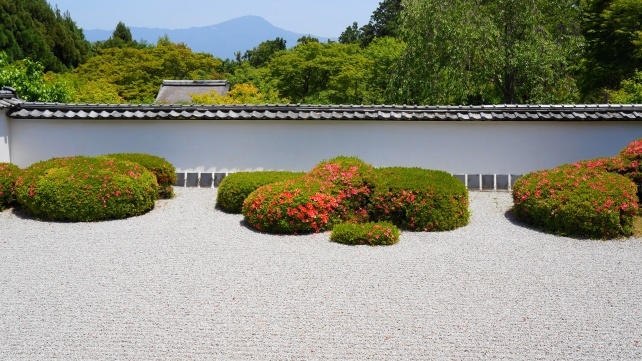 京都正伝寺の獅子の児渡し庭園のさつきと比叡山