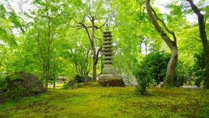 天龍寺塔頭宝厳院の獅子吼の庭の石塔と新緑