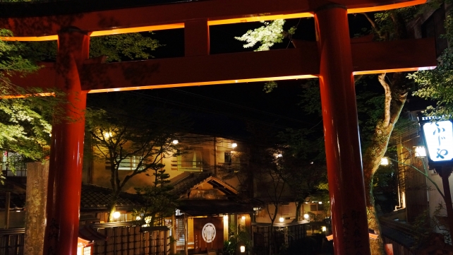 貴船神社の鳥居の七夕笹飾りライトアップ 7月