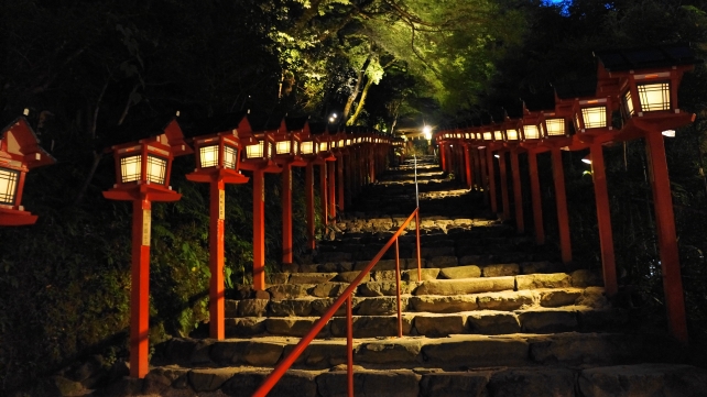 貴船神社の石段と灯篭の七夕笹飾りライトアップ