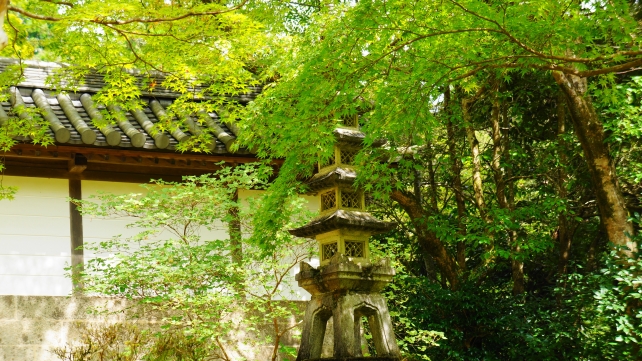 京都西明寺の表門付近の石塔と灯籠