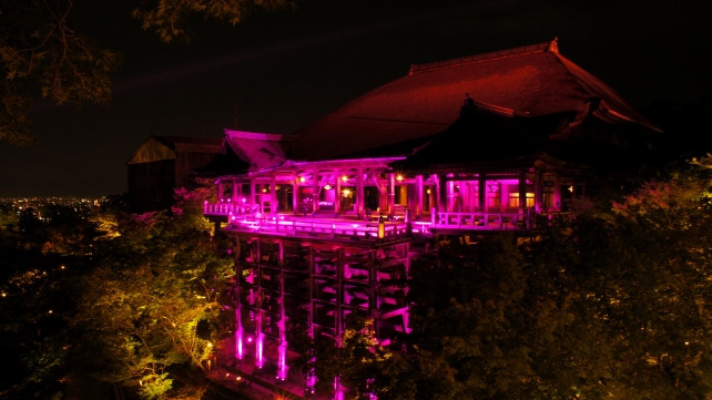 清水寺の本堂のピンクリボン活動ライトアップ