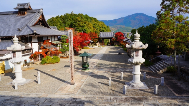 京都妙満寺の紅葉に彩られた境内と比叡山