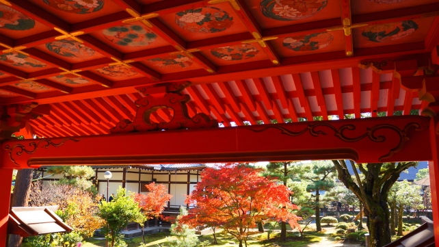 大覚寺の霊明殿と美しい見ごろの紅葉