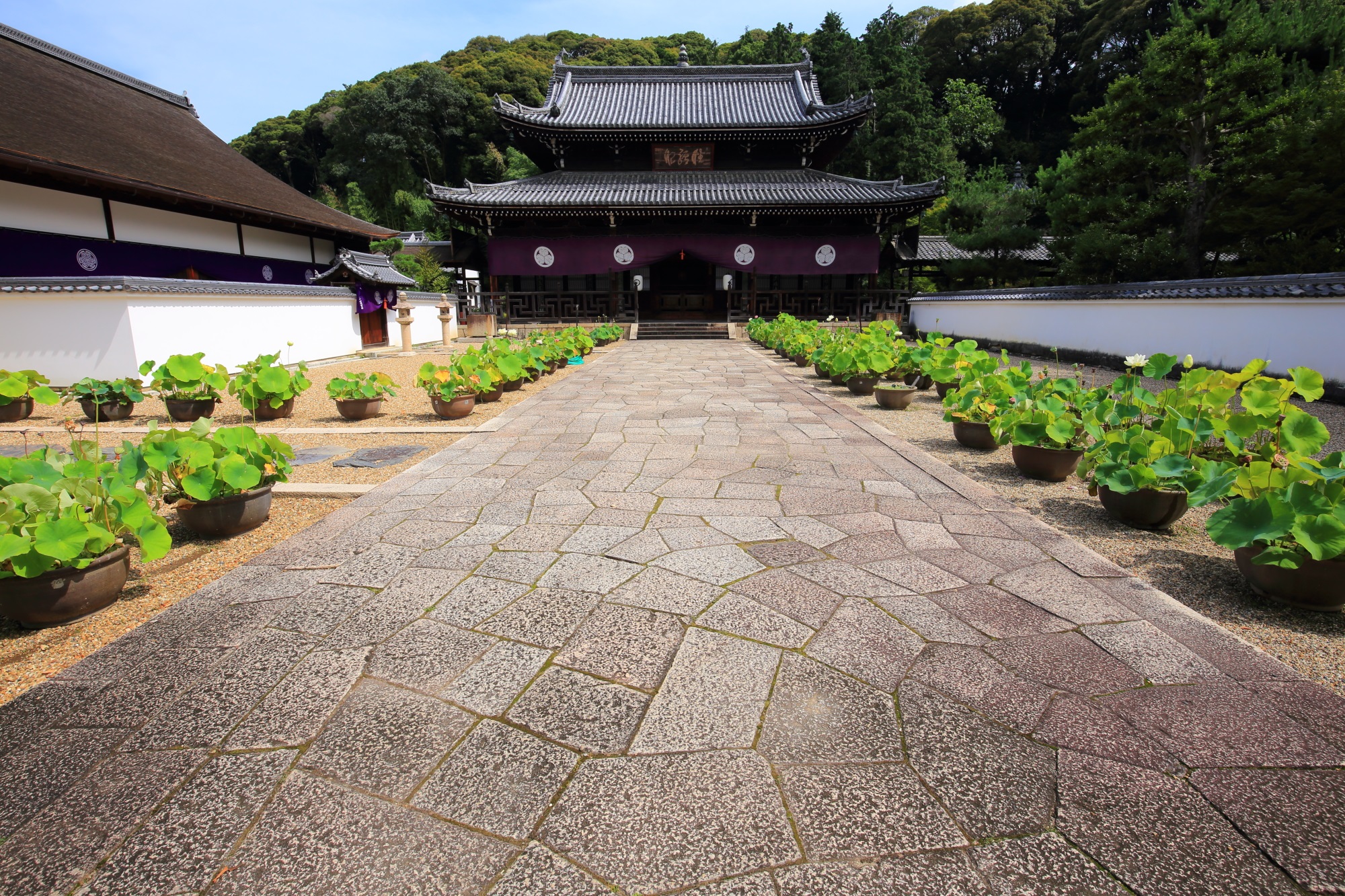 前には広い石畳の参道が続く萬福寺の開山堂