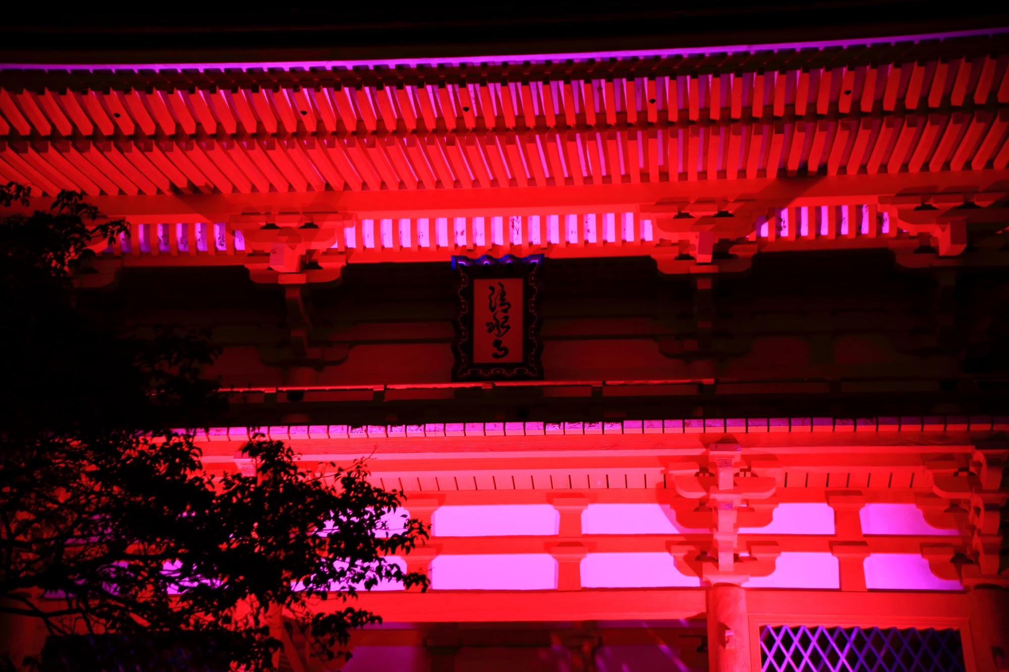 清水寺の仁王門のピンクのライトアップ