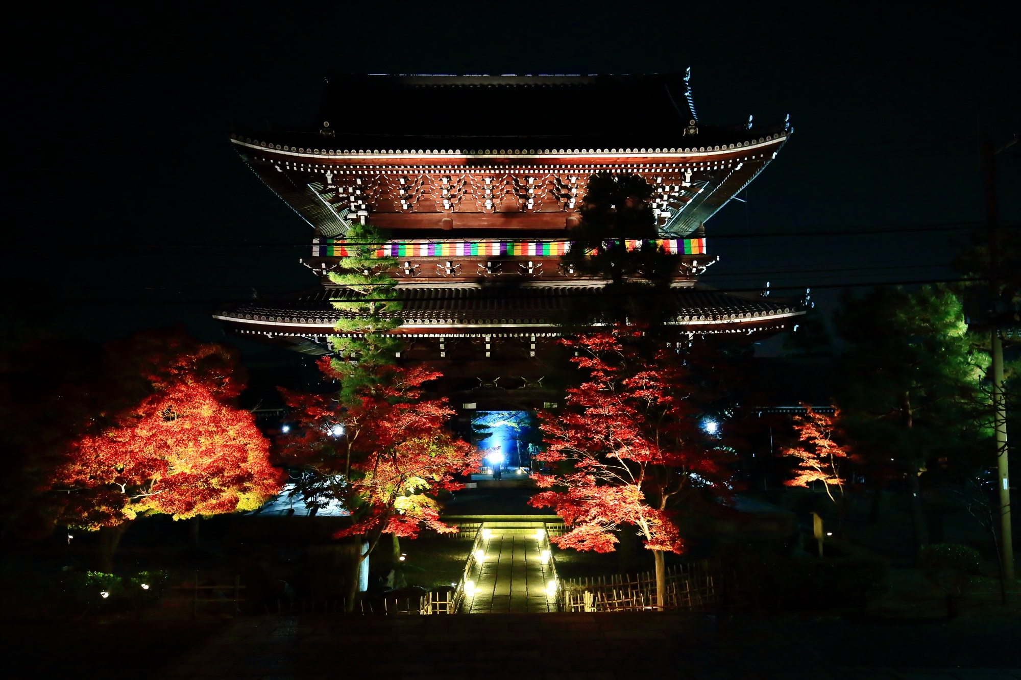 金戒光明寺の山門と鮮やかな紅葉ライトアップ