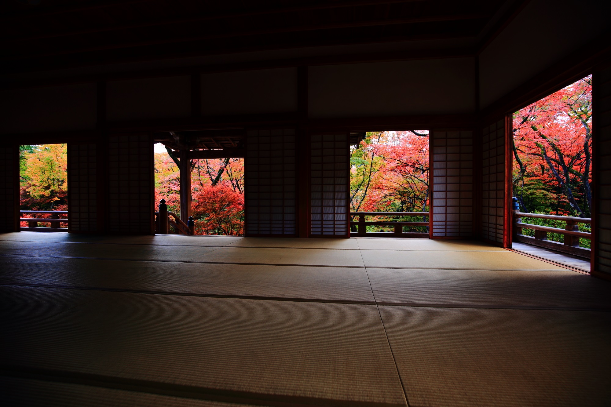宝筐院の本堂から眺める庭園の美しい色とりどりの紅葉