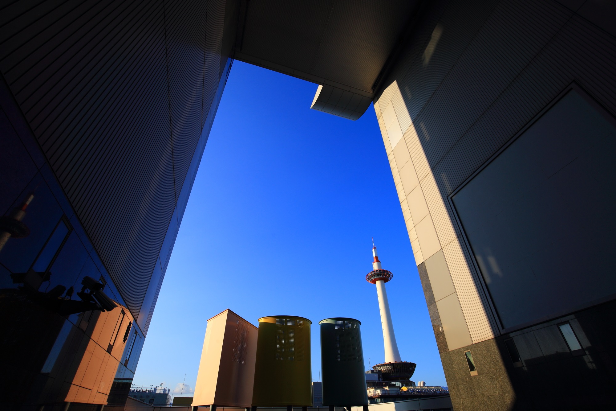 Kyoto Tower and Kyoto Station Building and the blue sky in Japan
