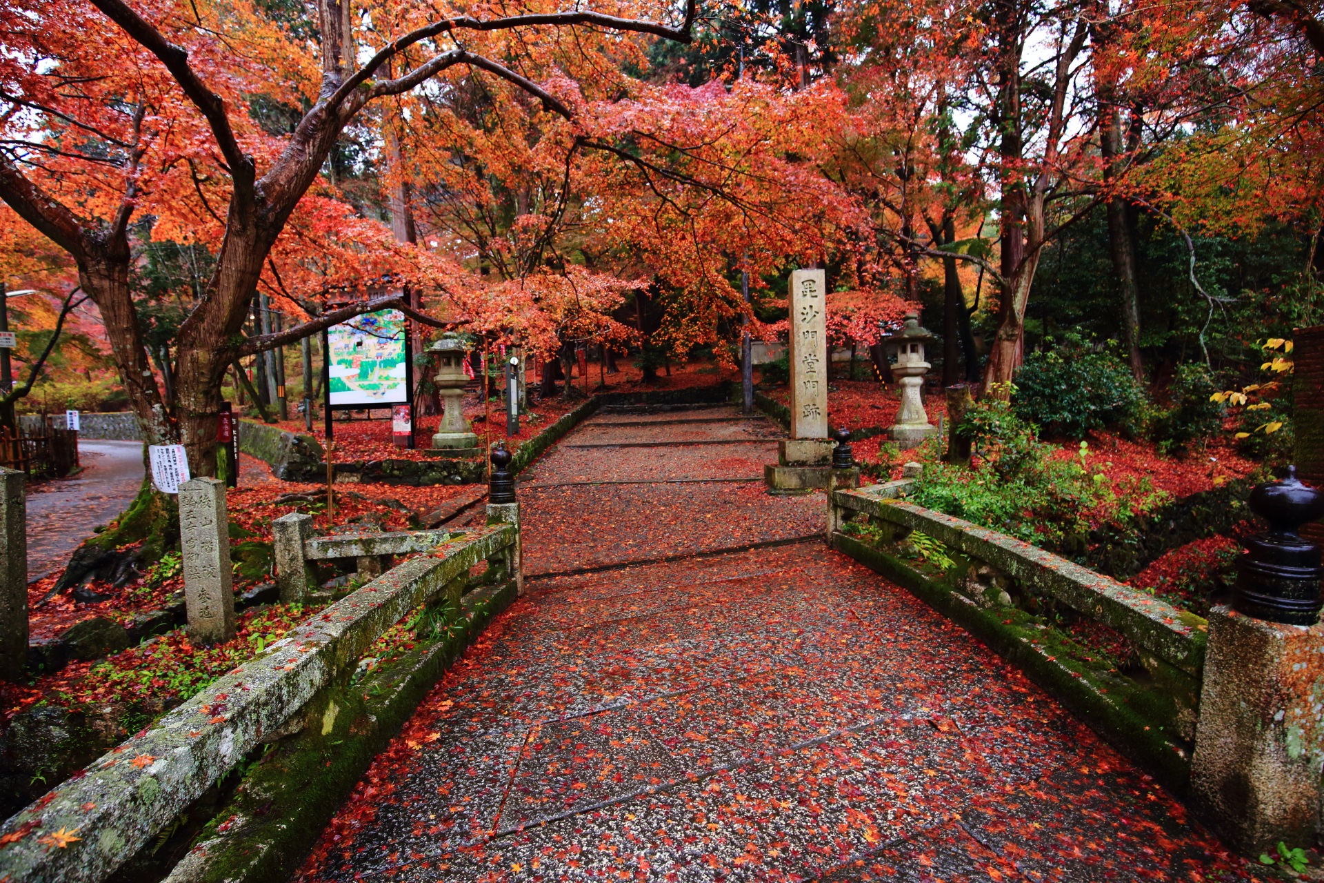 毘沙門堂の入口の石橋付近の紅葉や散りもみじ