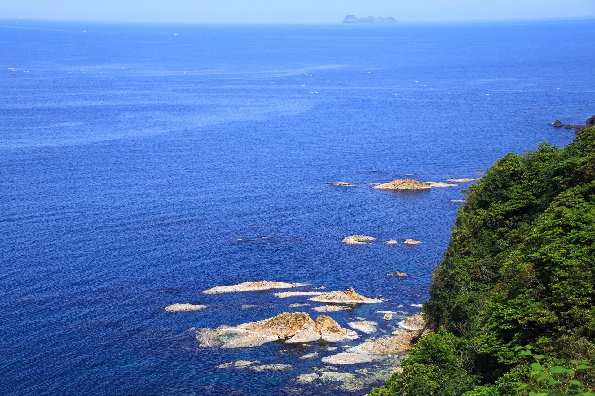見事な青い海と沓島を臨む木々の生い茂った緑の断崖絶壁