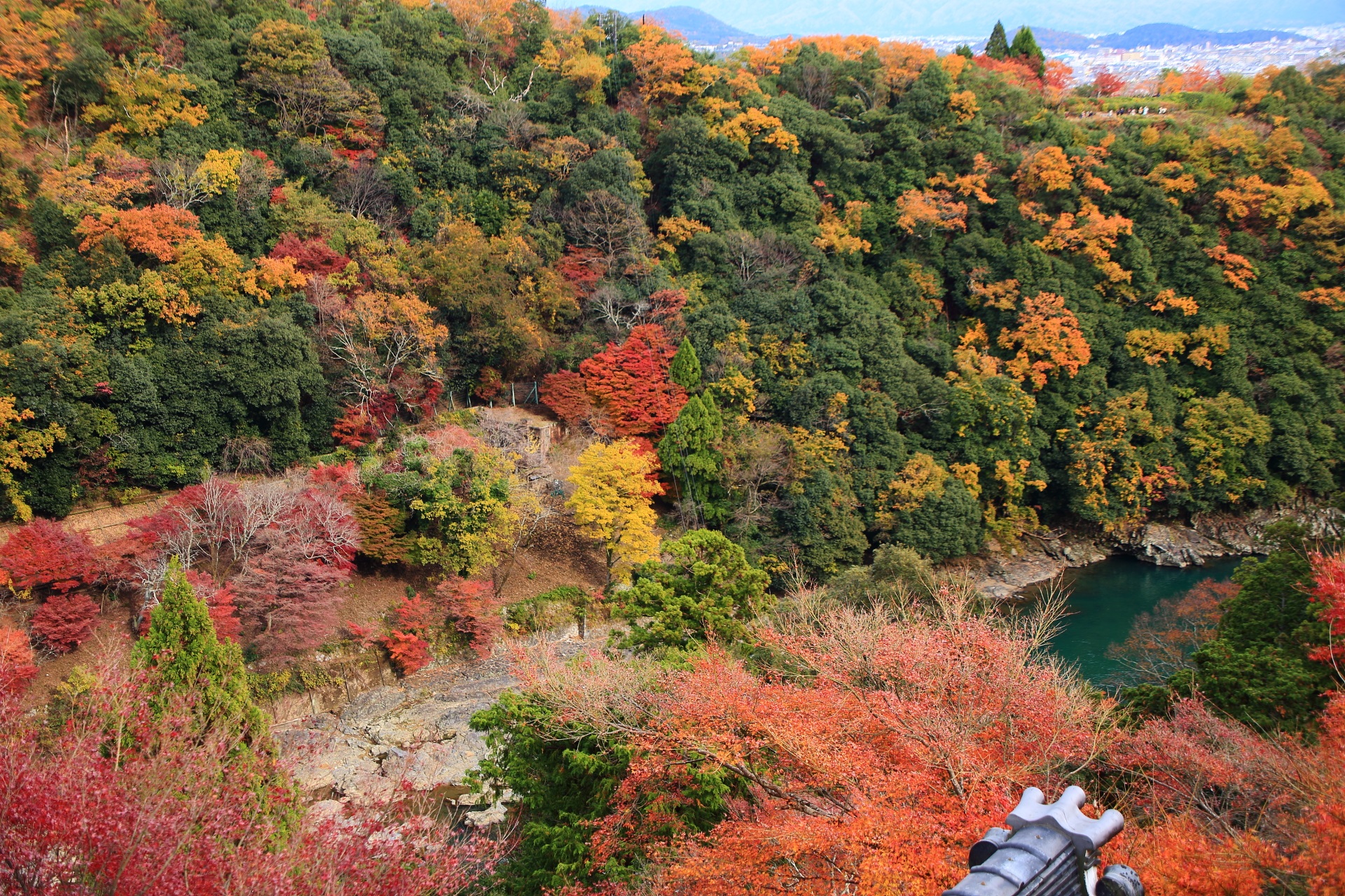 色とりどりの紅葉に染まる嵐山の麓を流れる保津川
