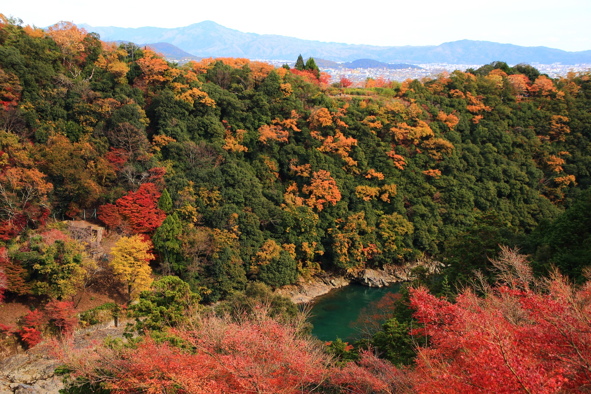 大悲閣千光寺から眺める紅葉に彩られた嵐山と保津川