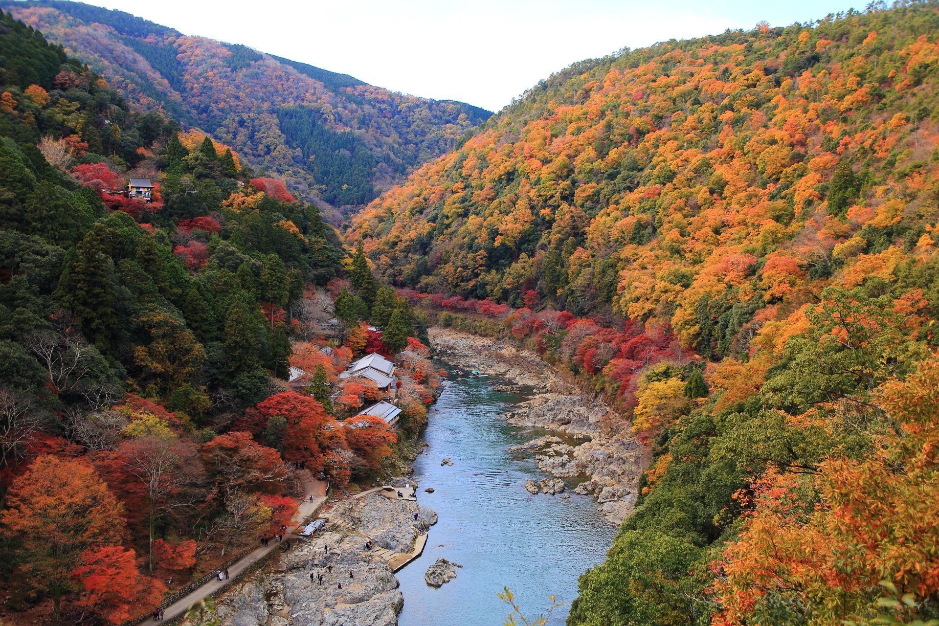 嵐山公園亀山地区から眺める嵐山と保津峡の素晴らしい紅葉と秋の情景