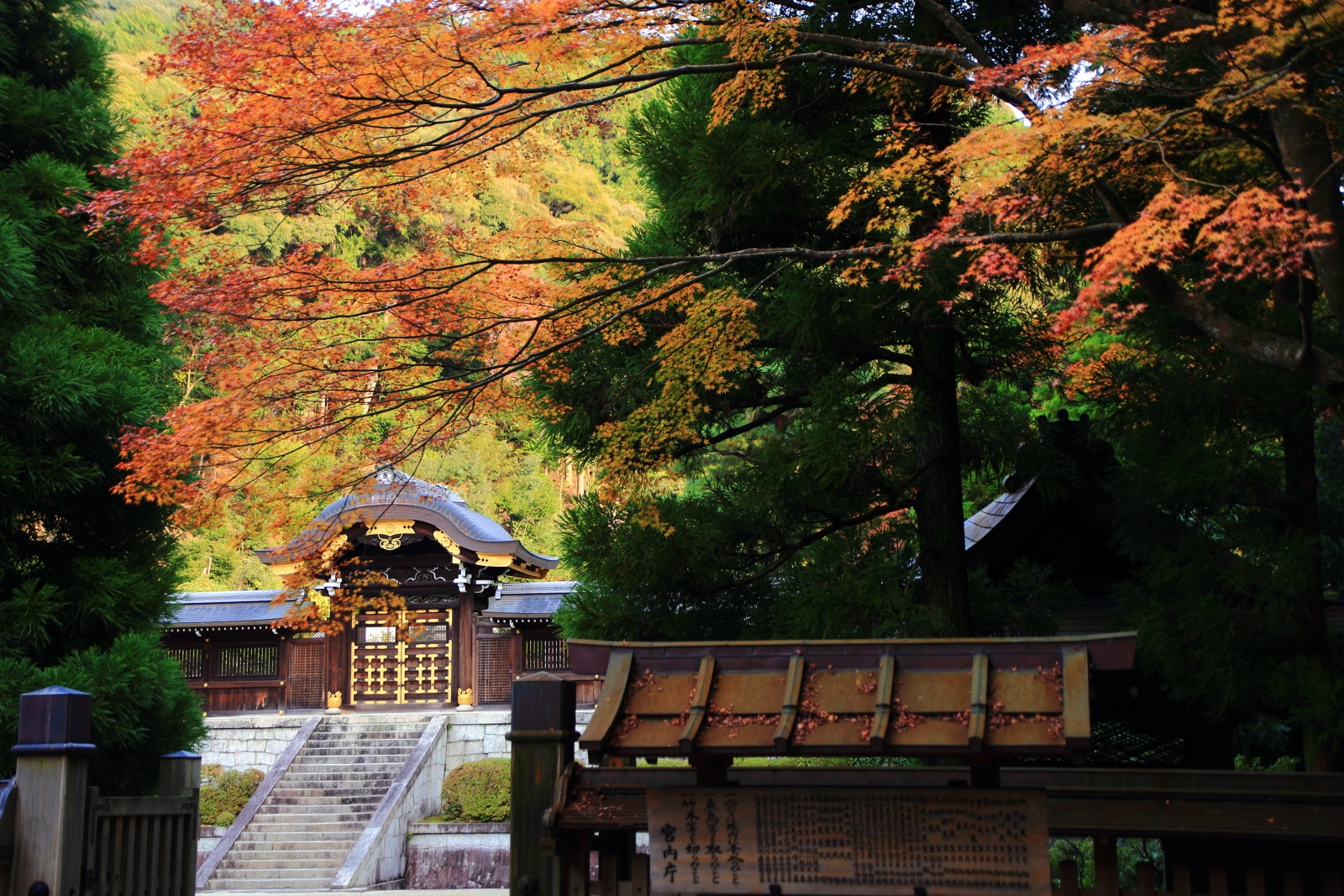 月輪陵の御陵拝所と色づく紅葉