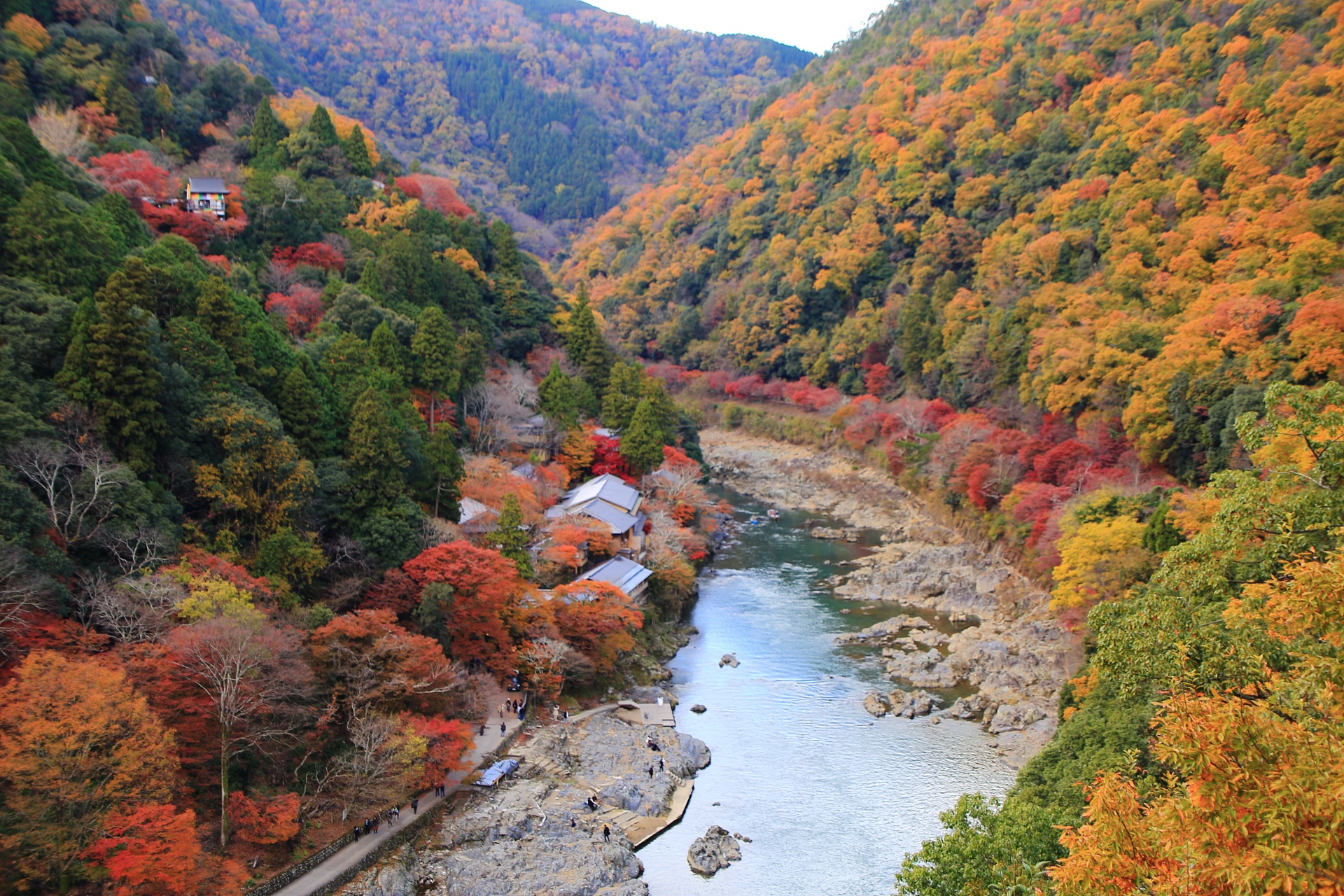 多彩な紅葉に染まる保津川と嵐山に佇む大悲閣千光寺