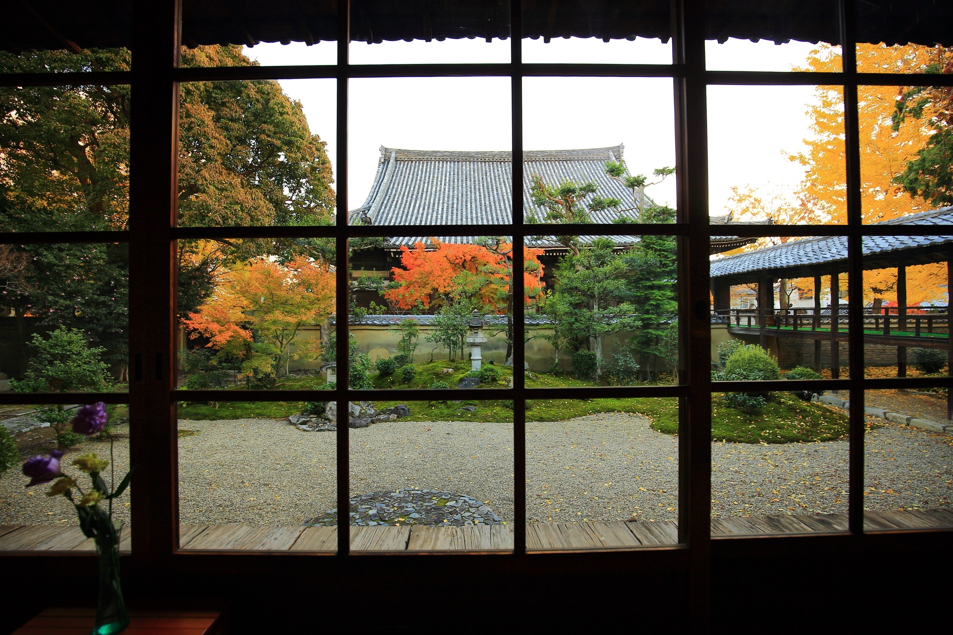 立本寺の客殿から眺めた紅葉に染まる南側の庭園と本堂