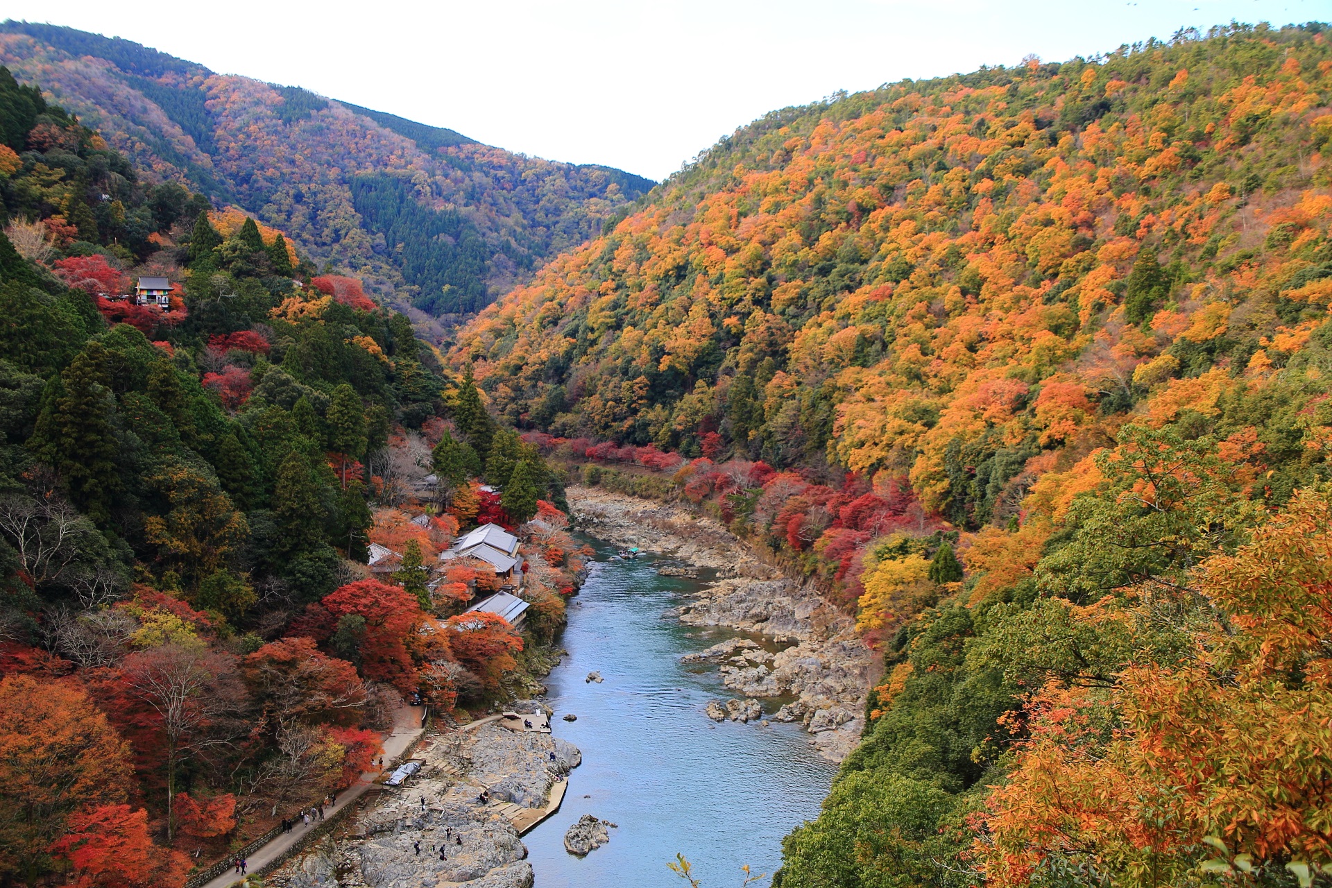 色とりどりの鮮やかな紅葉に染まった秋の保津峡と嵐山